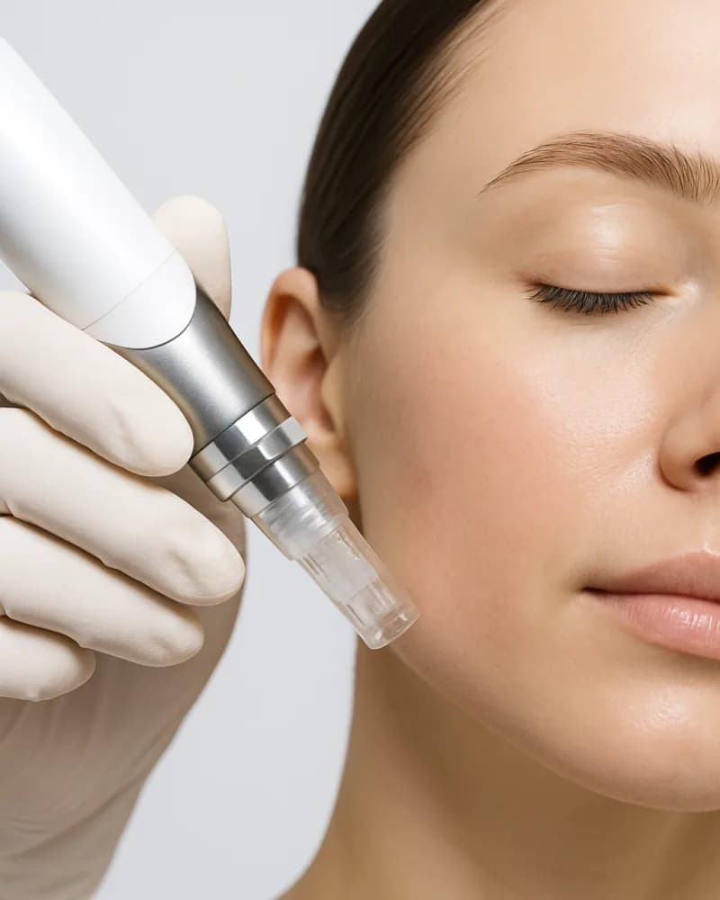 Εφαρμογή microneedling στο δέρμα του προσώπου — θεραπεία επαγωγής κολλαγόνου