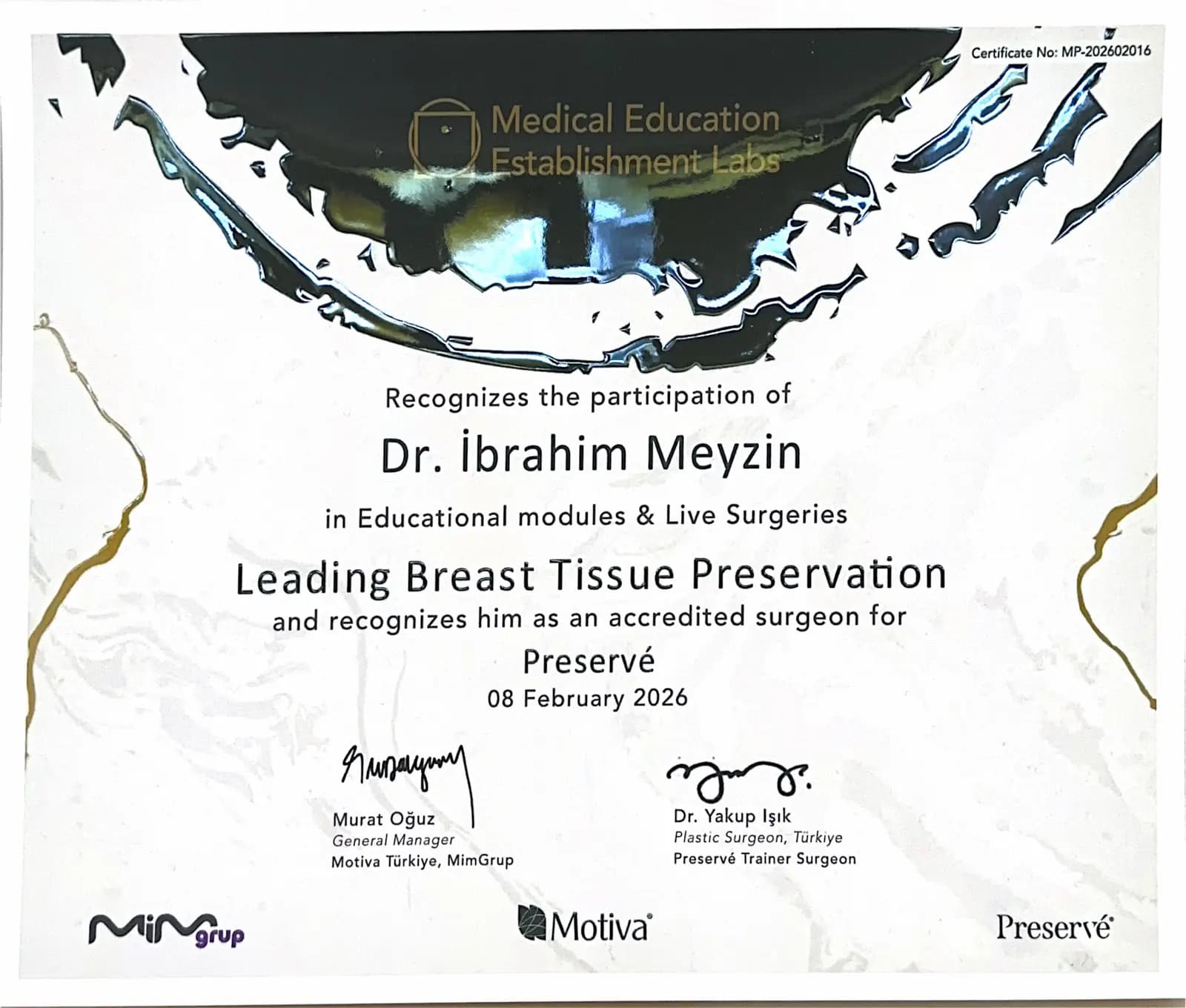 Motiva Preservé Accredited Surgeon sertifikası — Leading Breast Tissue Preservation 2026