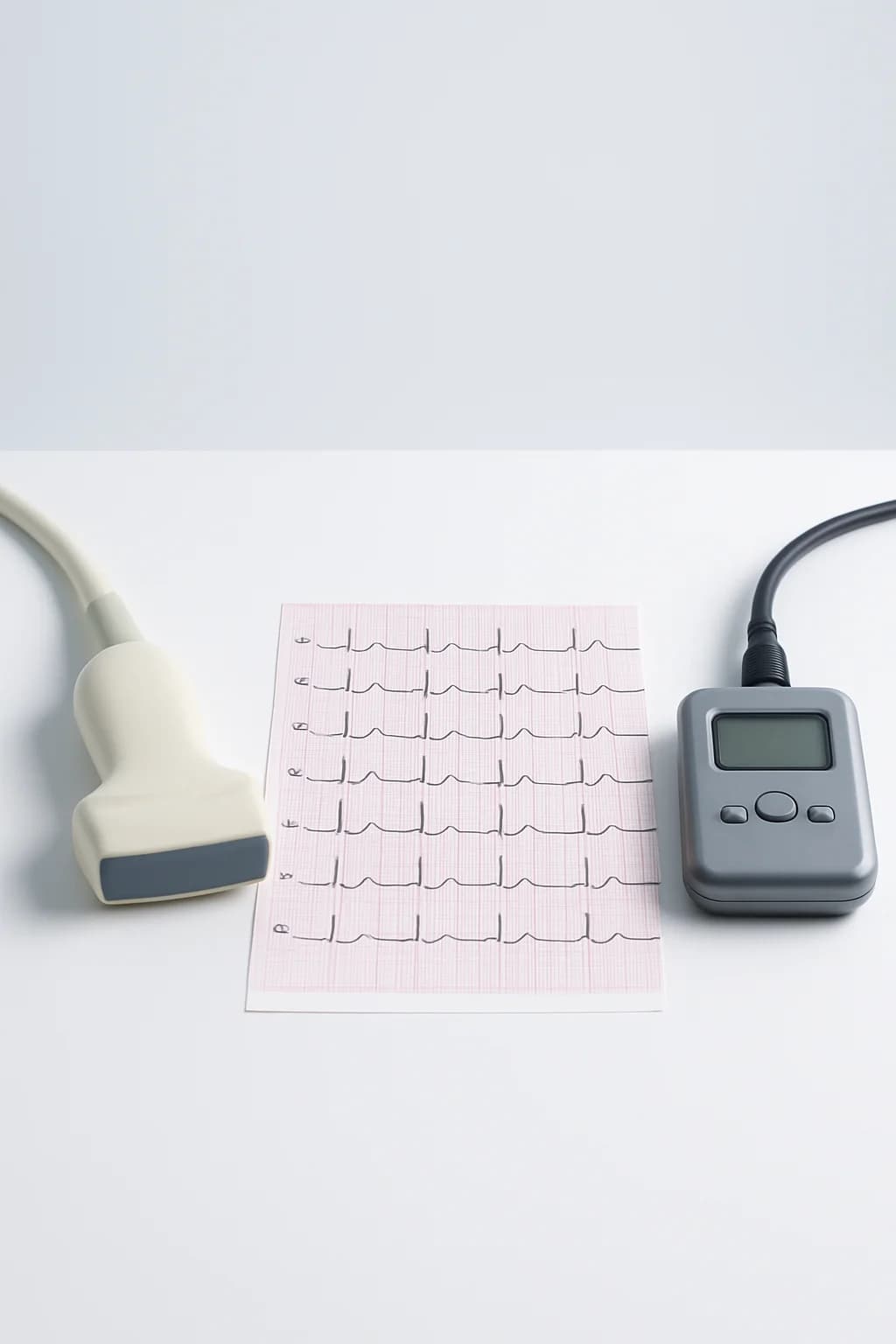Ekokardiyografi probu ve EKG çıktısı still life — Kardiyoloji Polikliniği