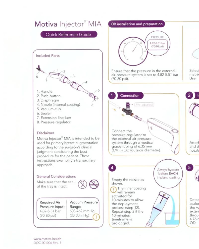 Motiva Injector MIA — sayfa 1: cihaz kurulumu, basınç ayarı ve implant yükleme adımları